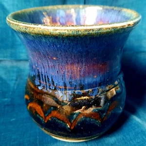 Studio Art Pottery Vase with Metal Flower Frog Blues and Browns 4" Tall Signed - Picture 1 of 7