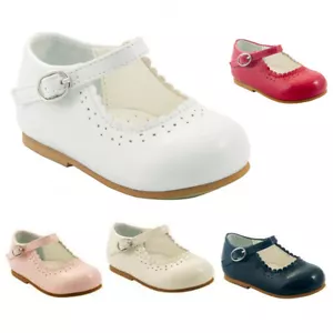 BABY GIRLS PATENT SHOES SPANISH STYLE MARY JANE PARTY SHOES WHITE PINK RED NAVY - Picture 1 of 9