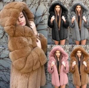 Winter Fox Faux Fur Luxury Long Coat Hood Jacket Trendy Elegant Style Warm Parka - Picture 1 of 5