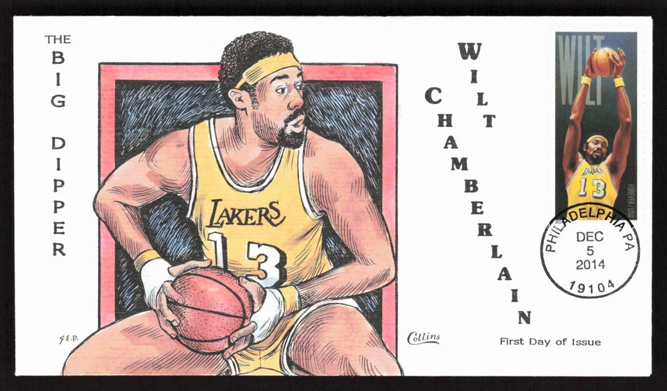 US COVER WILT CHAMBERLAIN LAKERS BASKETBALL FDC COLLINS HAND COLORED CACHET - Image 1 of 1