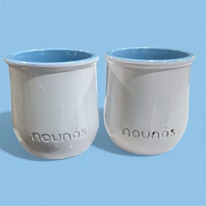 Nounos White Glazed Yogurt Pot With Blue 3” Set Of 2 - Picture 1 of 12