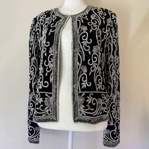 Vintage ADRIANNA PAPELL EVENING Silk Black White Beaded Floral Jacket Medium - Bild 1 von 17