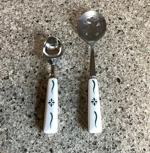 Longaberger Gehöft Keramik Erbe grün Utensilien Schlitz Löffel & Löffel - Bild 1 von 6