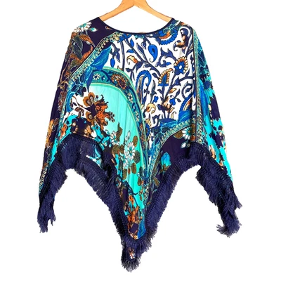 Chicos Patchwork Poncho Women OS  Fringe Mixed Print Kimono Floral Cape One Size - Image 1 of 4