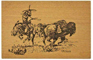 American Indian Hunting Buffalo Cypress Wood Postcard Never Posted - Picture 1 of 4