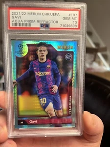 2021-22 Topps Merlin #107 Gavi RC Aqua Prism PSA 10 Gem Mint Spain Pop 3 - Picture 1 of 2