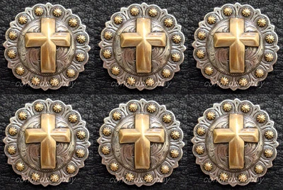 Set of 6 WESTERN HORSE TACK ANTIQUE GOLD CROSS BERRY CONCHOS 1-1/4" screw back - Изображение 1 из 3