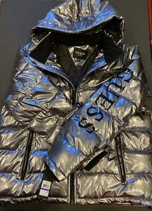 GUESS Men's Holographic Hooded Puffer Jacket gray GRAPHITE Shine glossy XXL - Picture 1 of 7