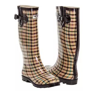 Women Mid-Calf Rubber Rain Boots Waterproof Gumboots Beige Plaid, Size 5 - Picture 1 of 4