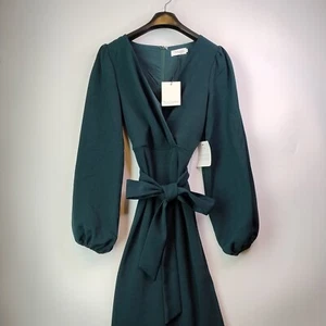 New Tussah Emerald Midi Dress Womens 6 Puff Long Sleeves Ribbon Belt Zipped - Bild 1 von 18