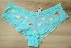 NWT Victoria's Secret Green Cotton Blend Heart Print Lace Trim Cheeky Panties M - Picture 1 of 3