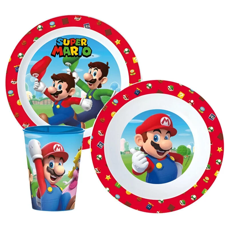 Super Mario und Luigi Kinder Geschirr-Set 3 teilig Becher Teller Schüssel - Bild 1 von 1