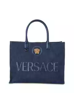 Versace Gold Logo La Medusa Fabric Calf Leather Denim Blue Large Tote Bag - Picture 1 of 24
