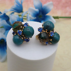 Vintage Vogue Teal Art Glass Blue Rhinestone Cluster Gold Tone Clip Earrings