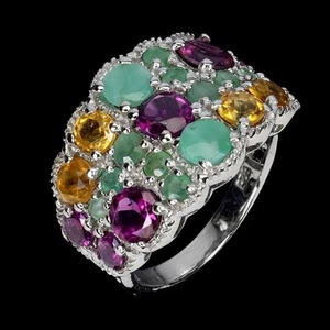 925 Sterling Silver Ring Round Rhodolite Citrine Emerald Gemstone Jewelry Size 8 - Picture 1 of 13