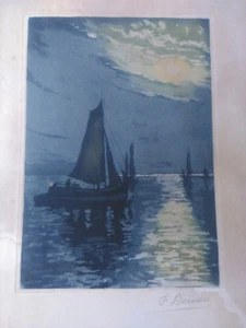 Antike nautische Lithographie Boote im Morgengrauen signiert P. Dewars 19.-20. Jahrhundert - Bild 1 von 14
