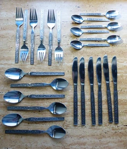 Besteck 24 teilig Messer Gabel Löffel Kaffeelöffel Metall rostfrei Blumenmuster - Bild 1 von 12
