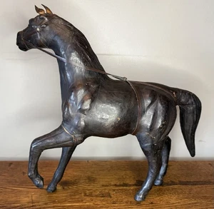 Vintage Leather Horse Figurine Glass Eyes Dark Brown Handmade 12” Statue - Picture 1 of 17