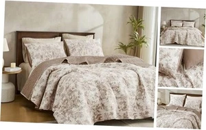 Taupe Floral Quilt Set Queen Size, Reversible Quilt Bedding Set for Queen - Picture 1 of 7