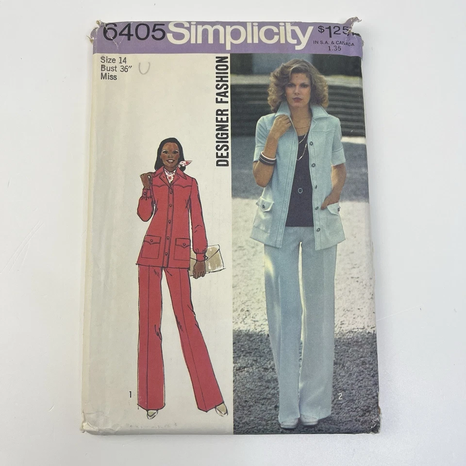 Pantsuit Size 14 b36 CUT Vtg 70s Pattern 6405 Notched Collar Turn Back Cuffs - Image 1 of 2