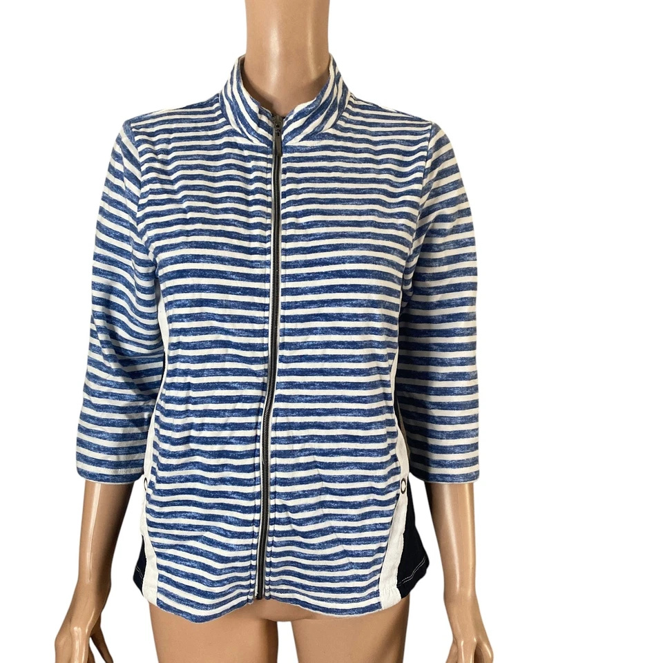 Onque Casuals Jacket Womens Petite Large Full Zip Blue White Striped Stretch  - Image 1 of 4