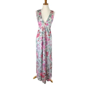 Camicia da notte vintage Vanity Fair retrò rosa floreale nylon setoso maxi ampia spazzata scollo a V S - Foto 1 di 13