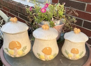 Vintage 70s Arnels Merry Mushroom Burnt Orange/Mustard Yellow Canisters Set Of 3 - Picture 1 of 9