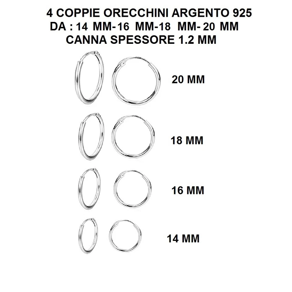 Stock 4 Coppie Orecchini Argento 925 Cerchietto Liscio 14/16/18/20 mm - Immagine 1 di 1