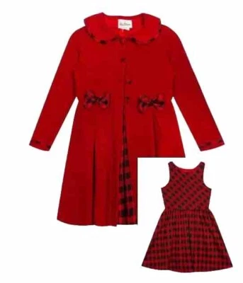 RARE EDITIONS Girls Knit Coat with Buffalo Check Dress 2 Piece Set NWT $74 - Image 1 of 4