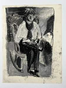 Bruning Original Kohlezeichnung sitzende Frau im Schaukelstuhl unsigniert 14x10,5 - Bild 1 von 11