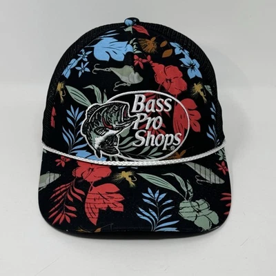 Gorra Bass Pro Shops Snapback negra de malla floral sombrero de camionero ido a pescar jóvenes Foto 1 de 4