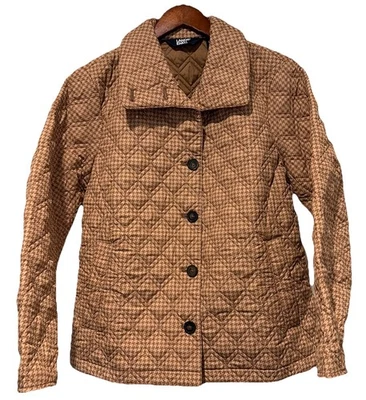 Lands' End Tan Houndstooth Quilted Puffer Jacket Primaloft Women's Medium Petite - Image 1 of 4