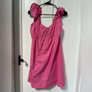 Neu mit Etikett Sim & Sam Hot Pink Babydoll Baumwollkleid mit Rüschen Schulter Größe Large - Bild 1 von 6