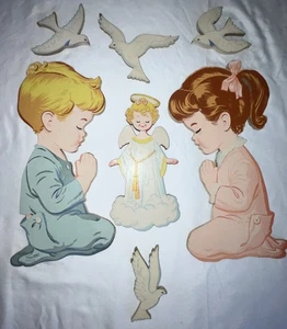 Vntg Dolly Toy Co.  1950's  Wall Hanging Praying Boy & Girl Angel & 4 Doves - Picture 1 of 23