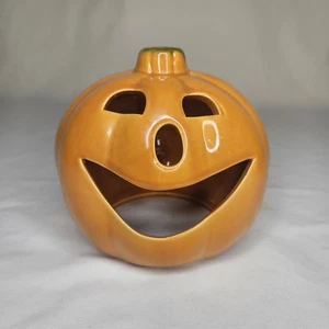 Vintage UPCO Keramik Keramik lächelnd Jack O' Laterne Halloween USA Kerze orange - Bild 1 von 8