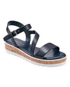 Marc Fisher Grandie Black Faux Leather Platform Cork Wedge Sandals Size 6M New - Picture 1 of 20