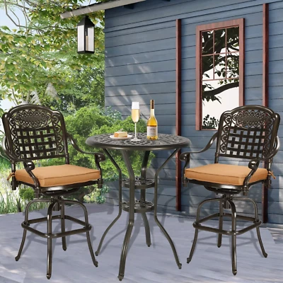 W WARMHOL 3 Pieces Patio Swivel Bar Set, Cast Aluminum High Top Bar Table and Chairs Set
