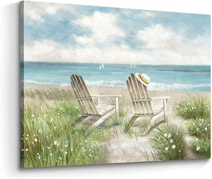 Seascape Wall Art Canvas Picture: Beach Chair Seascape Print Decor Ocean Coastal - Picture 1 of 6
