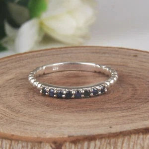 Engagement Blue Sapphire Eternity Band Ring Sterling Silver Gemstone Ring - Picture 1 of 3