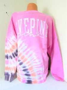 NEW Victoria Secret Pink TIE DYE Embroidered Logo VARSITY PULLOVER SWEAT SHIRT L - Picture 1 of 5