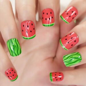 Squoval Nails Watermelon Summer Design Short Fake Nails Press On Nail UV Gel DIY
