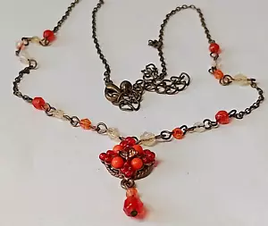 (W48)***£3-SALE***sweet bronze tone red orange acrylic beads Y-drop necklace - Picture 1 of 2
