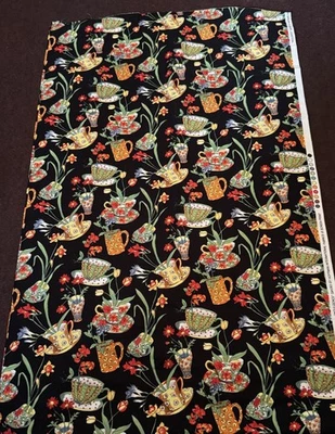 Hoffman Fabrics Tea Cups/flowers  “ Indulgence “ (2 Yards/44’ Wide) - Image 1 of 4