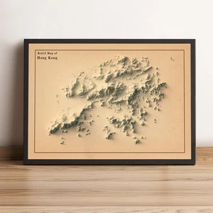 Hong Kong Map, Hong Kong 2D Relief Map, Hong Kong Vintage Map - 2D Flat Print - Picture 1 of 8
