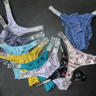 Victoria's Secret XS PANTY LOT BLUE teal Yellow purple Gray Black SHINE STRAP - Image 1 of 4