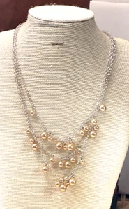 M Necklace Ecru Faux Pearl Clusters Silver Tone Multi Choker Lot 37B - Picture 1 of 3