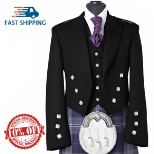 Scottish Men's Black Prince Charlie Kilt Jacket With 5 button Waistcoat - Picture 1 of 3