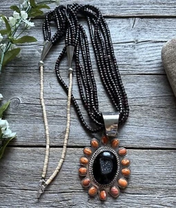 Vintage Pawn Native Sterling Silver Orange Spiny Oyster Pendant Necklace Set B - Picture 1 of 10
