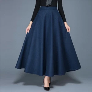 Ladies Faux Wool Skirt Solid A-line Vintage Warm Half Dress with Pocket Casual - Picture 1 of 10