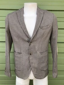 ZARA MAN BEIGE BLACK STRUCTURED BLAZER ELBOW PATCHES POCKET US 46 $129 O1300B - Picture 1 of 8